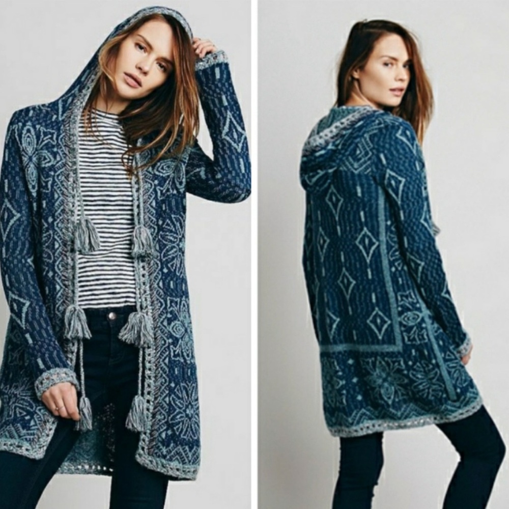 Free People Kai Blue Hooded Tassel Cardigan